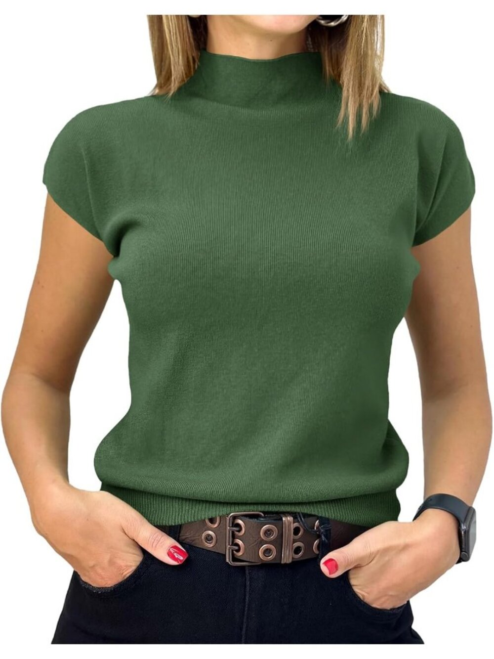 Women's Army Green Mock Neck Sweater Short Sleeve Knit Slim Fitted Pullover Tops